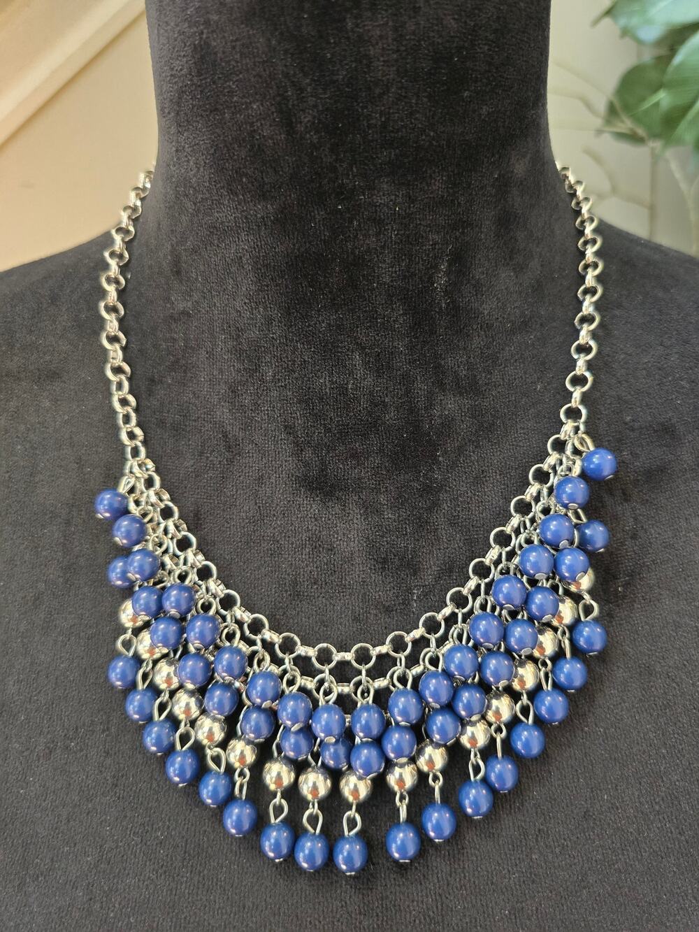 Blue Silver Tone Multi Strand Beaded Fringe Bib Statement Necklace